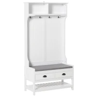 HOMCOM Coat Rack Shoe Bench, Hall Tree with Bench and Shoe Storage, Entryway Bench with 4 Hooks, 2 Drawers, 2 Shelves, White(m-2)