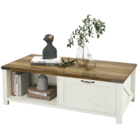 HOMCOM Farmhouse Coffee Table with Storage and Drawer, Rustic End Table for Living Room, Open Shelf, White(m-11)