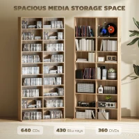 HOMCOM 9-Tier DVD Shelf with 18 Compartments and 14 Adjustable Shelves, Holds 640 CDs, 360 DVDs or 430 Blu-rays, Natural Wood(m-4)