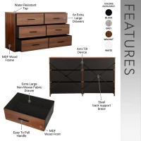 Versatile 6-Drawer Dresser with Water-Resistant Top, Ideal Storage Chest for Bedrooms, Playrooms, Entryways, 44.5" L x 16" W x 26.5" H, Walnut(m-4)