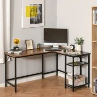 HOMCOM L-Shaped Computer Desk, Industrial Corner Desk with Adjustable Storage Shelf, CPU Tower Stand, Wood Grain Surface(m-8)