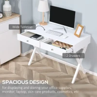 HOMCOM Modern Writing Desk, White Computer Desk, Vanity Makeup Table with Two Drawers, X-shaped Leg for Home Office, Bedroom(m-4)