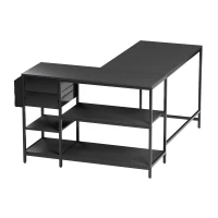Modern L-Shaped Desk with 2 Drawers and Fabric Organizer, Contemporary Corner Computer Desk for Home Office, 55" L x 46.5" W x 29.5" H, Black(m-9)