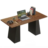 HOMCOM 63 Inch Computer Desk with Trapezoidal Frame Light Walnut and Black(m-1)