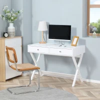 HOMCOM Modern Writing Desk, White Computer Desk, Vanity Makeup Table with Two Drawers, X-shaped Leg for Home Office, Bedroom(m-2)