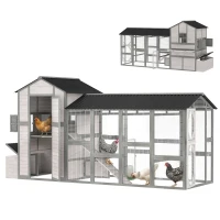 PawHut 147" Extra Large Chicken Coop, Wooden Hen House for 8-10 Hens, Outdoor Chicken House Poultry Hutch with Run, Gray(m-11)