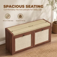 HOMCOM Shoe Storage Bench with Padded Seat, Shoe Storage Bench 2 Rattan Doors for Entryway, Brown(m-6)
