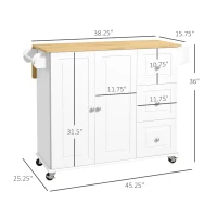 HOMCOM Kitchen Island with Drop Leaf, Rolling Kitchen Cart on Wheels with 3 Drawers, Cabinet, Natural Wood Top, Spice Rack and Towel Rack, White(m-4)