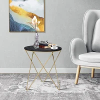 HOMCOM 17" Round Sofa Side Table, Wood Top End Table, Accent Coffee Table with Metal Leg for Living Room, Bedroom, Black and Gold(m-8)
