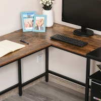 HOMCOM L-Shaped Computer Desk, Industrial Corner Desk with Adjustable Storage Shelf, CPU Tower Stand, Wood Grain Surface(m-10)