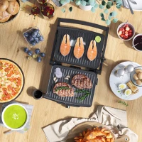 HOMCOM 4 Slice Panini Press Grill, Stainless Steel Sandwich Maker with Non-Stick Double Plates, Locking Lids and Drip Tray, Opens 180 Degrees to Fit Any Type or Size of Food 13.75"x12.75"x4.75"(m-2)
