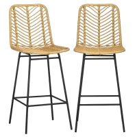HOMCOM Set of 2 Rattan Barstools Wicker Counter Stools with Steel Legs and Footrest for Dining Room Kitchen Pub Yellow(m-1)