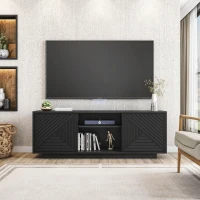Sleek Modern TV Stand with Patterned Storage Doors, Contemporary Media Entertainment Console for Living Room, 63" L x 14" W x 21.5" H, Black(m-1)