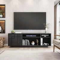 Contemporary Floating TV Stand with Patterned Cabinet Door, Modern Media Entertainment Console for Living Room, 63" L x 14" W x 21" H, Black(m-1)