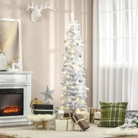 HOMCOM 6ft Tall Prelit Pencil Artificial Christmas Tree, Holiday Décor with 395 Realistic Branches, 100 LED Lights, Foldable Metal Base, White(m-1)