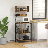 HOMCOM Kitchen Bakers Rack with Power Outlet, USB Charger, Microwave Stand, Coffee Bar with Adjustable Shelves, 5 Hooks for Spices, Pots and Pans, Rustic Brown(m-2)