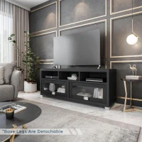 Sleek Durbin TV Stand with Glass Panel Cabinets and Cable Management, Modern Media Sideboard Cabinet for Living Room, 57" L x 15" W x 23" H, Black(m-4)