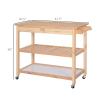 HOMCOM 42" Kitchen Trolley Cart Rolling Island Utility Serving Cart with 2 Drawers and 3-Tier Shelf Pine Wood(m-3)