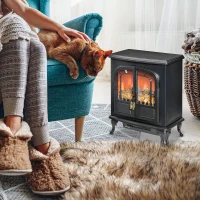 HOMCOM Electric Fireplace Stove Heater with LED Fire Flame Effect, Double Door, Freestanding & Portable with Overheat Protection, 750W/1500W, Black(m-1)