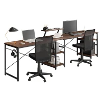 Industrial L-Shaped Desk with Raised Monitor Stand and Open Shelves, Modern Corner Computer Workstation for Home Office, 59" L x 59" W x 35" H, Walnut(m-10)