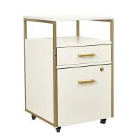 Modern File Cabinet with 2 USB and Power Outlet Port, Perfect Storage Unit for Home Offices or Workspaces, 15.5" L x 15.5" W x 26" H, White+Gold(m-7)