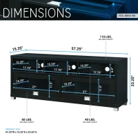 Sleek Durbin TV Stand with Glass Panel Cabinets and Cable Management, Modern Media Sideboard Cabinet for Living Room, 57" L x 15" W x 23" H, Black(m-3)