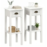 HOMCOM 2-Tier Side Tables Set of 2 with Drawer and Shelf, 2 Pieces End Tables for Living Room and Hallway, White(m-11)