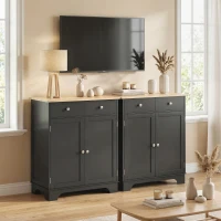 HOMCOM Kitchen Storage Cabinet, Sideboard Floor Cupboard with Solid Wood Top, Adjustable Shelf, and 2 Drawers, Black(m-8)
