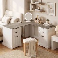 HOMCOM L Shaped Computer Desk with Power Outlets & USB Charging, Corner Desk with 6 Drawers, Hanging Bar, Brown and White(m-8)