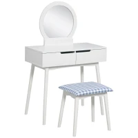 HOMCOM Makeup Vanity Desk with Round Mirror and 2 Drawers, Dressing Table with Cushioned Stool Set for Bedroom (White)(m-2)