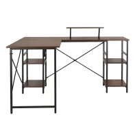 Industrial L-Shaped Desk with Raised Monitor Stand and Open Shelves, Modern Corner Computer Workstation for Home Office, 59" L x 59" W x 35" H, Walnut(m-2)