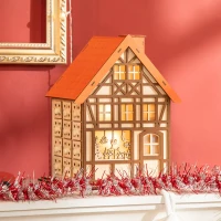 HOMCOM Wooden Christmas Advent Calendar House, Light Up Table Holiday Decoration with 24 Countdown Drawers and LED Lights, for Kids and Adults, Natural and Orange(m-2)