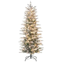 HOMCOM 6' Pre Lit Artificial Flocked Christmas Trees, with Snow Branches, Warm Yellow Clear Lights, Auto Open, Extra Bulb(m-1)