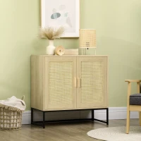 HOMCOM Sideboard Cabinet with Rattan Doors, Adjustable Shelf, Metal Base, Storage Cabinet for Living Room, Bedroom, Kitchen,(m-10)