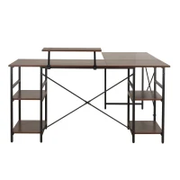 Industrial L-Shaped Desk with Raised Monitor Stand and Open Shelves, Modern Corner Computer Workstation for Home Office, 59" L x 59" W x 35" H, Walnut(m-12)