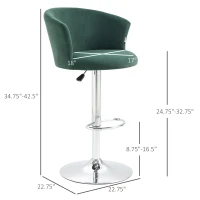HOMCOM Adjustable Bar Stools Set of 2, Velvet Upholstered Counter Height Barstool with Swivel Seat, Wing Back, ‎Dark Green(m-3)