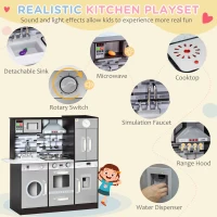Qaba Wooden Play Kitchen with Lights Sounds, Kids Kitchen Playset with Washing Machine, Water Dispenser, Microwave, Range Hood, Refrigerator, Utensils, Gift for 3-6 Years Old(m-4)