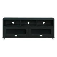 Sleek Durbin TV Stand with Glass Panel Cabinets and Cable Management, Modern Media Sideboard Cabinet for Living Room, 57" L x 15" W x 23" H, Black(m-2)