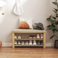 HOMCOM Bamboo Shoe Storage Bench, 3-Tier Entryway Bench with Cushion, Shoe Organizer for Entryway, Hallway, Natural(m-2)