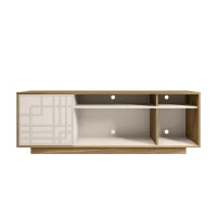 Contemporary Floating TV Stand with Patterned Cabinet Door, Modern Media Entertainment Console for Living Room, 63" L x 14" W x 21" H, Oak Natural Wood+Antique White(m-7)