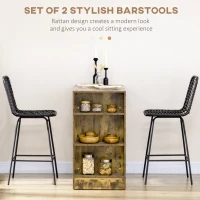 HOMCOM Set of 2 Rattan Barstools Wicker Counter Stools with Steel Legs and Footrest for Dining Room Kitchen Pub Black(m-4)