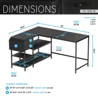 Modern L-Shaped Desk with 2 Drawers and Fabric Organizer, Contemporary Corner Computer Desk for Home Office, 55" L x 46.5" W x 29.5" H, Black(m-3)
