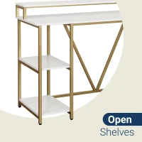 Industrial Writing Desk with Elevated Hutch Shelf and CPU Caddy, Modern Computer Table for Home Office, 46.5" L x 19" W x 34" H, Gold(m-7)
