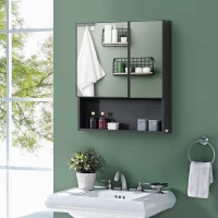 kleankin Wall-Mounted Medicine Cabinet, Bathroom Mirror Cabinet with Double Doors and Storage Shelves, Black(m-2)