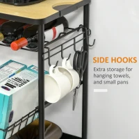 HOMCOM Rolling Kitchen Cart, 3-Tier Utility Storage Trolley with Wine Rack, Mesh Drawer and Side Hooks for Dining Room, Black/Natural(m-9)