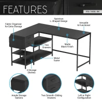 Modern L-Shaped Desk with 2 Drawers and Fabric Organizer, Contemporary Corner Computer Desk for Home Office, 55" L x 46.5" W x 29.5" H, Black(m-4)