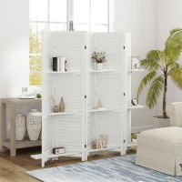 HOMCOM 5 Panel 67" Tall Wood Privacy Screen Room Divider with 3 Shelves and Folding Storage for Bedroom, White(m-2)