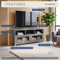 Sleek Durbin TV Stand with Glass Panel Cabinets and Cable Management, Modern Media Sideboard Cabinet for Living Room, 57" L x 15" W x 23" H, Grey(m-4)