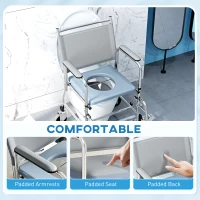HOMCOM Rolling Shower Chair, Bedside Commode Wheelchair with Padded Seat, Backrest, for Seniors, Disabled, 300 lbs, Gray(m-5)