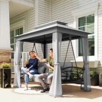 Outsunny 3 Person Outdoor Patio Daybed, 3 in 1 Canopy Gazebo Swing Chair Garden Hammock with Mesh Mosquito and Sun Shade, Grey(m-1)